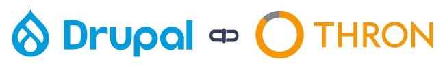 Loghi Drupal e THRON connessi tra loro da un'icona di collegamento.