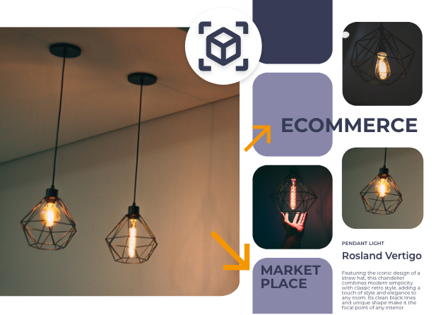 Primo piano di lampade a sospensione in gabbia metallica, da cui partono due frecce verso i testi di “ECOMMERCE” e “MARKET PLACE”, accanto a miniature e nome del prodotto “Rosland Vertigo”.
