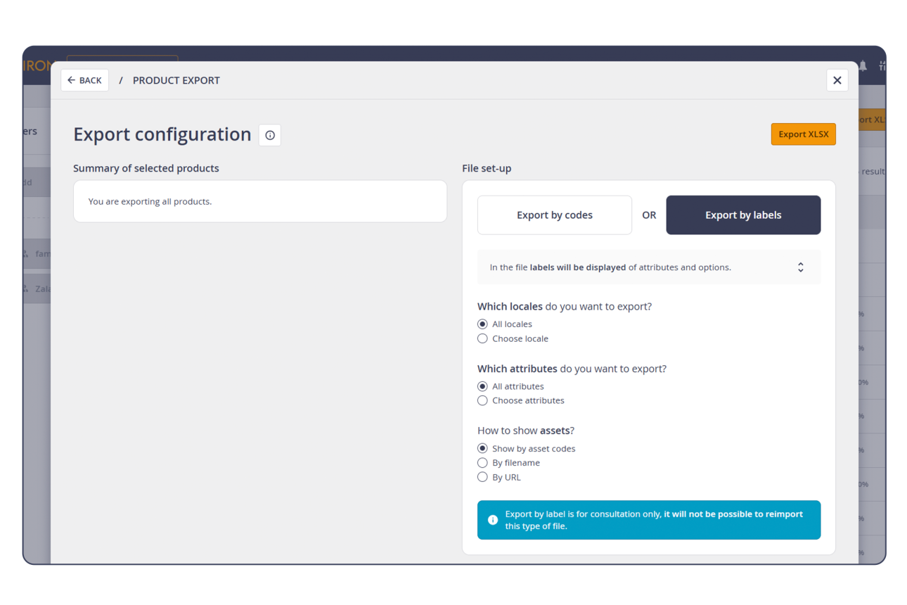 Configurazione Export: by code e by label.