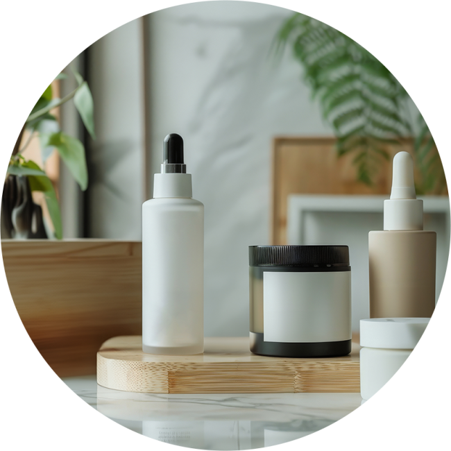 Composizione di flaconi cosmetici bianchi e piante su un tavolo in marmo.