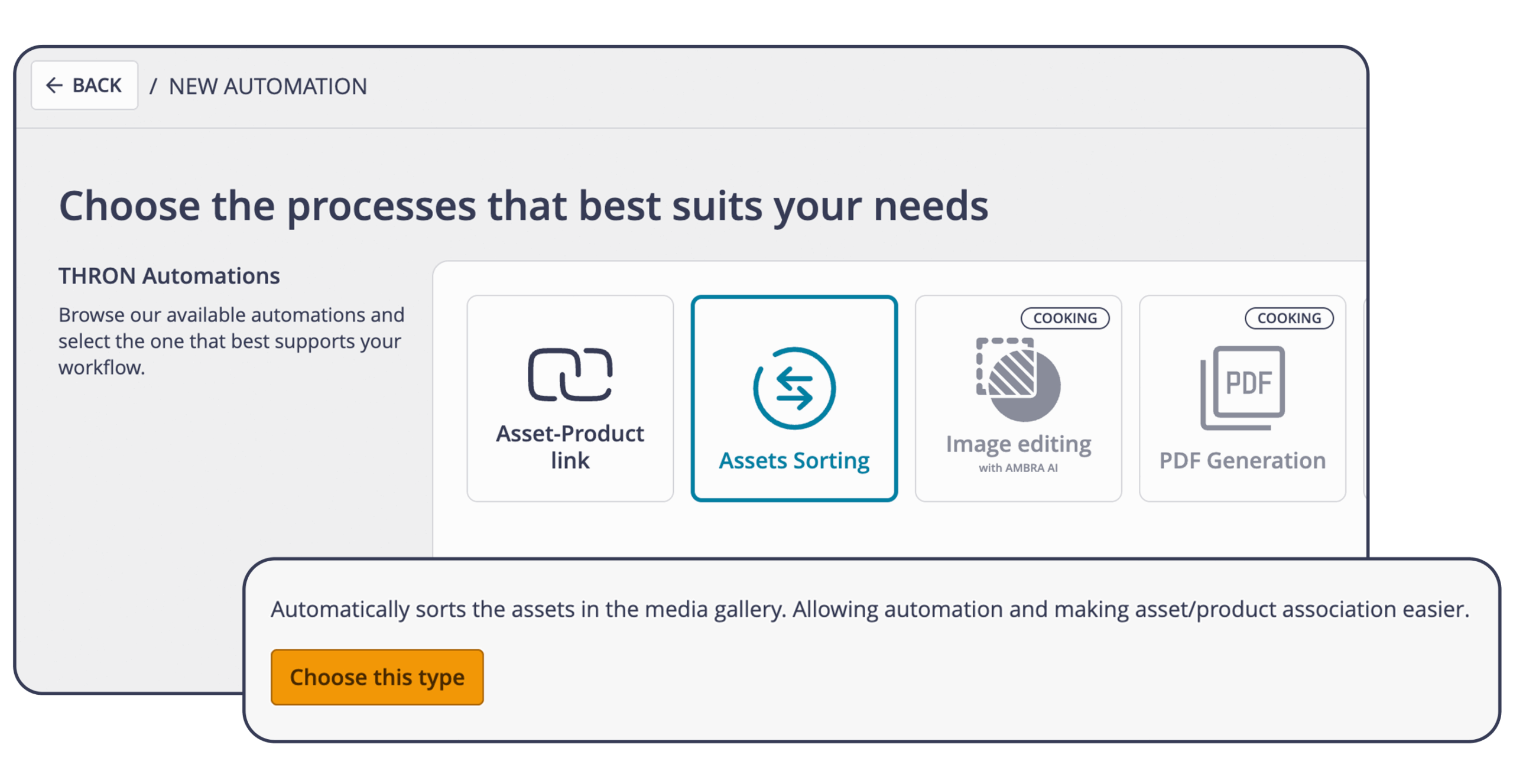 Interfaccia di THRON Platform della sezione "New Automation" e selezione di "Assets Sorting" con annessa breve descrizione della funzionalità.