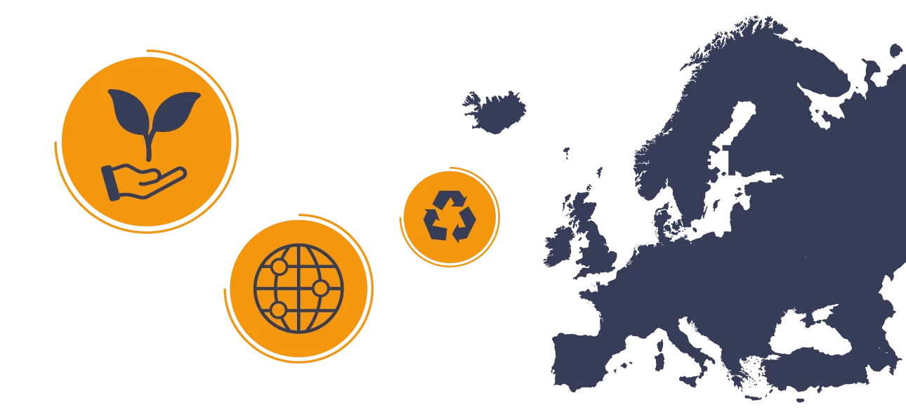 Sagoma dell'Unione Europea, accanto della quale si pongono tre icone fluttuanti: quella del riciclaggio, quella di un mondo e quella di una mano che sorregge una piccola pianta.