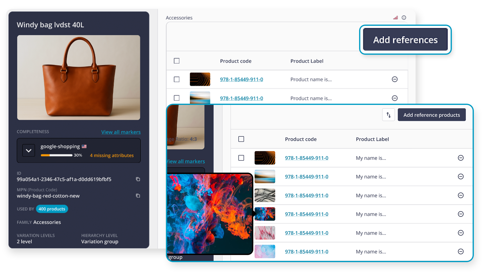Funzione "add references", completeness di una borsa marrone.