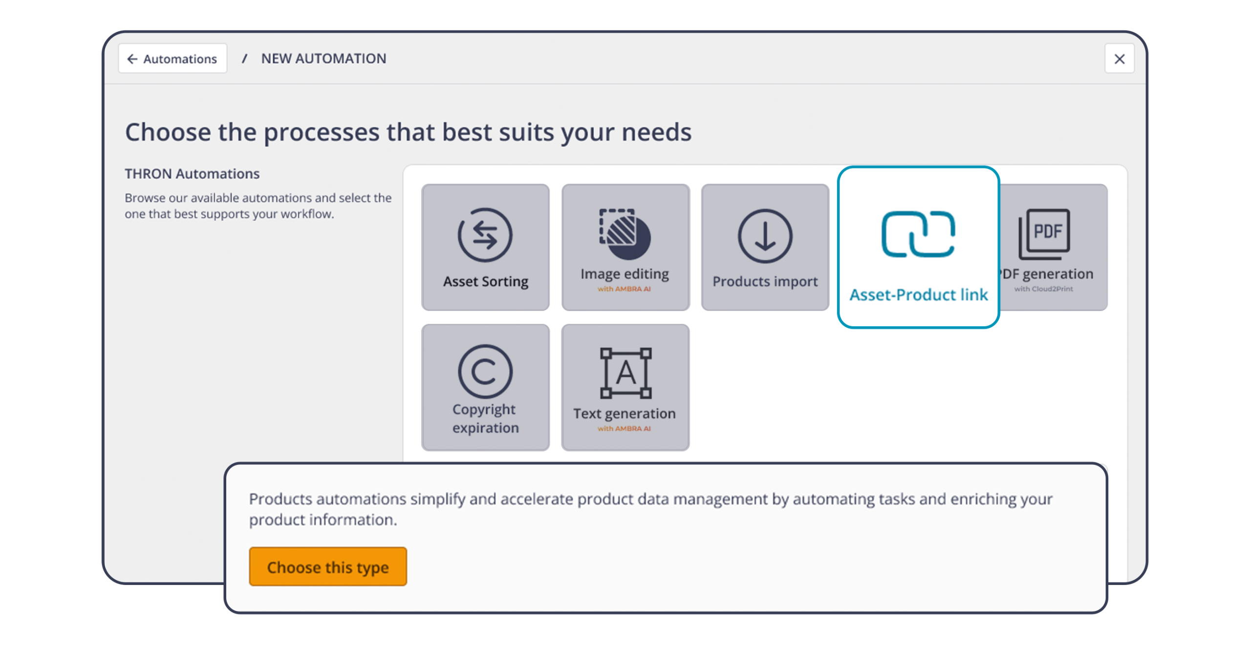 Interfaccia della schermata in cui si seleziona come nuova automazione "asset-product link" e compare il pulsante "choose this type".