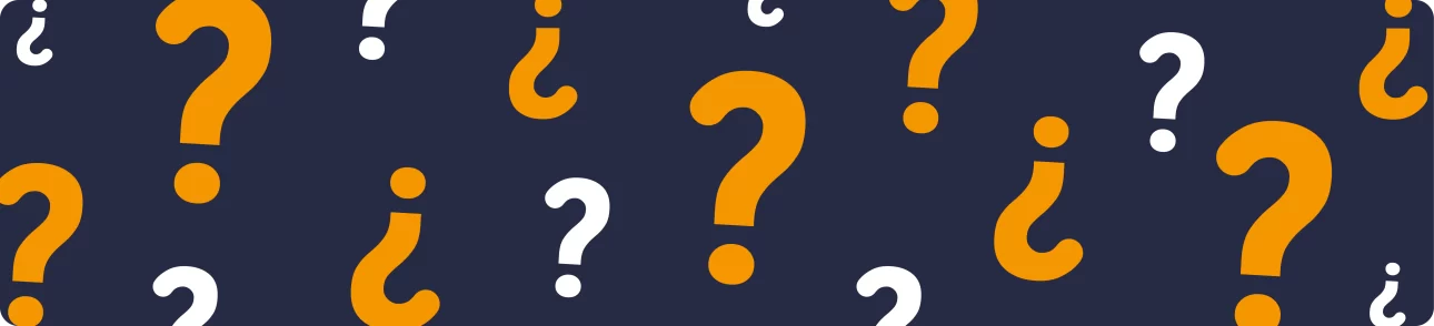 Sfondo con grandi punti interrogativi arancioni e bianchi su base blu scuro.