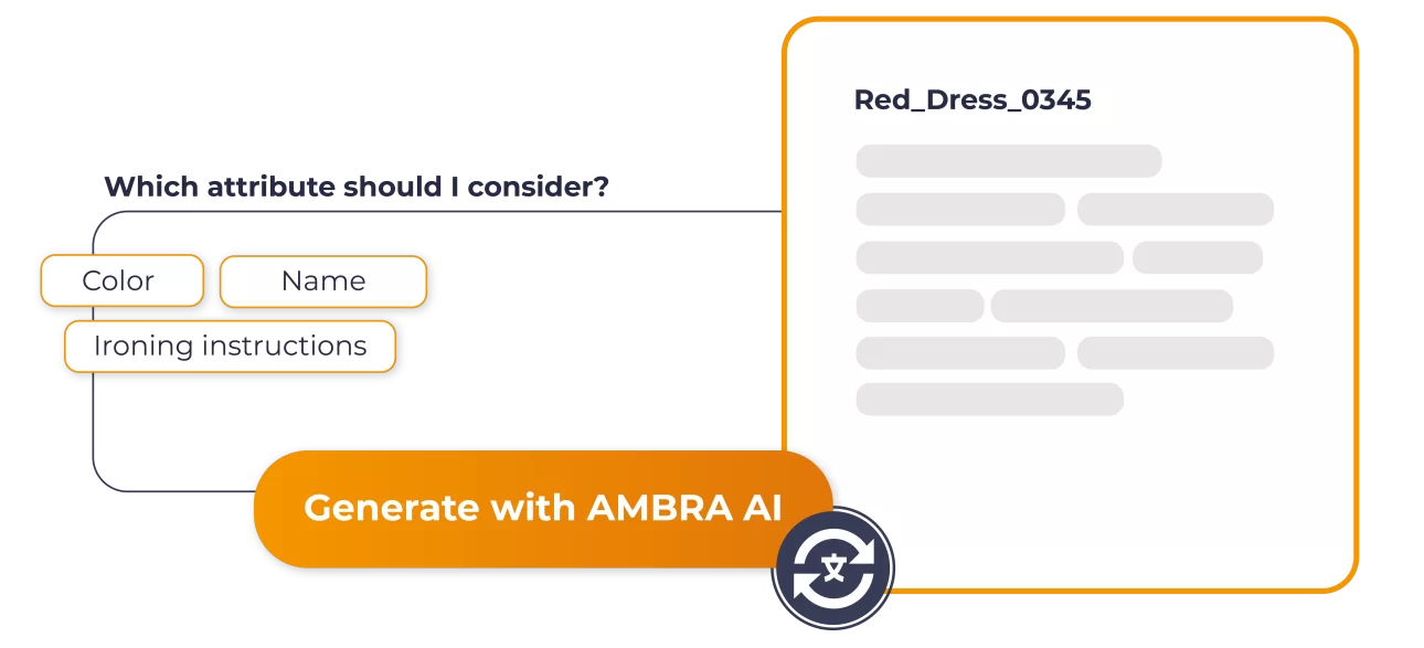 Schermata con esempio di scheda prodotto e pulsante “Generate with AMBRA AI” per generare una descrizione.