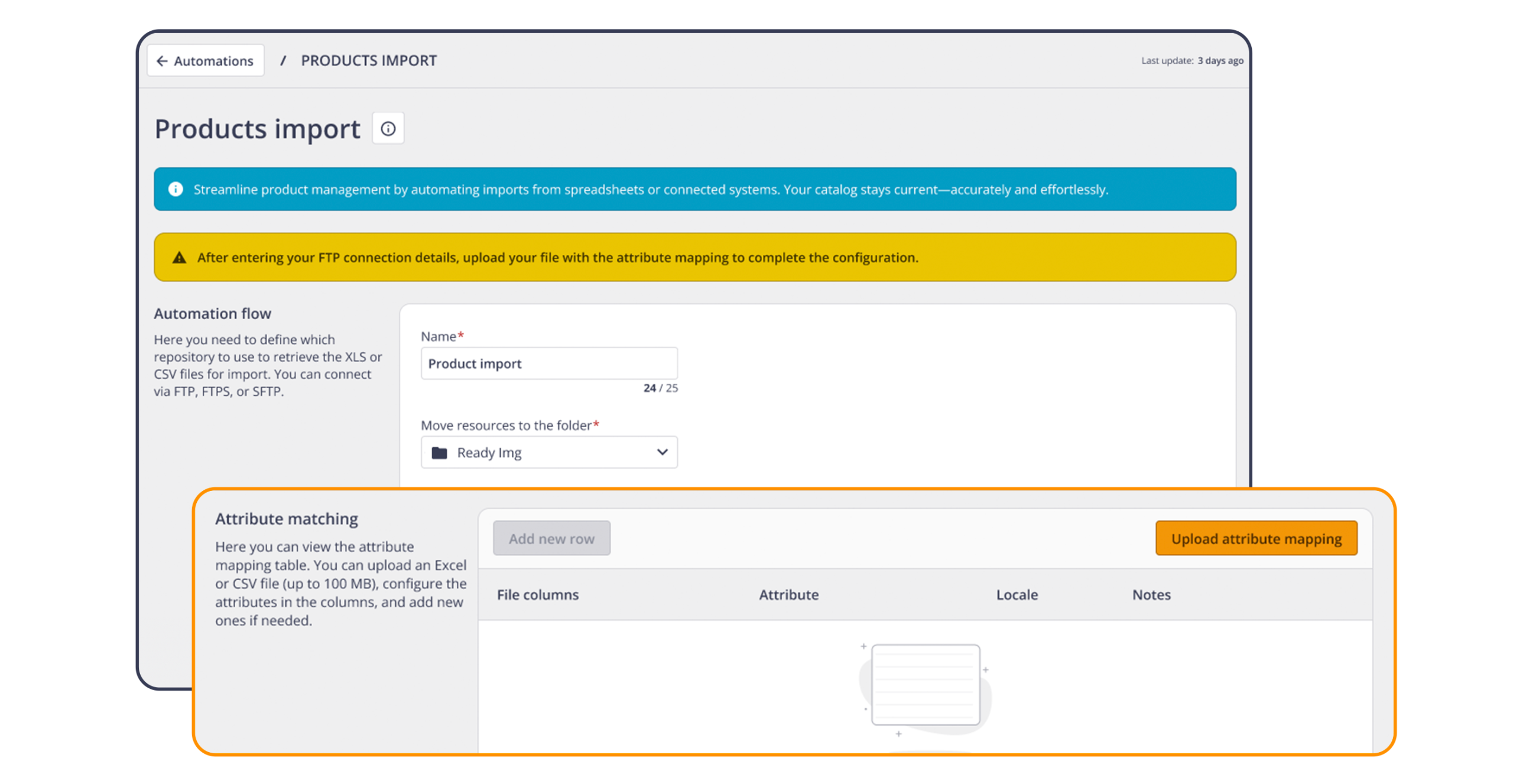 Interfaccia schermata "products import" in THRON Platform.