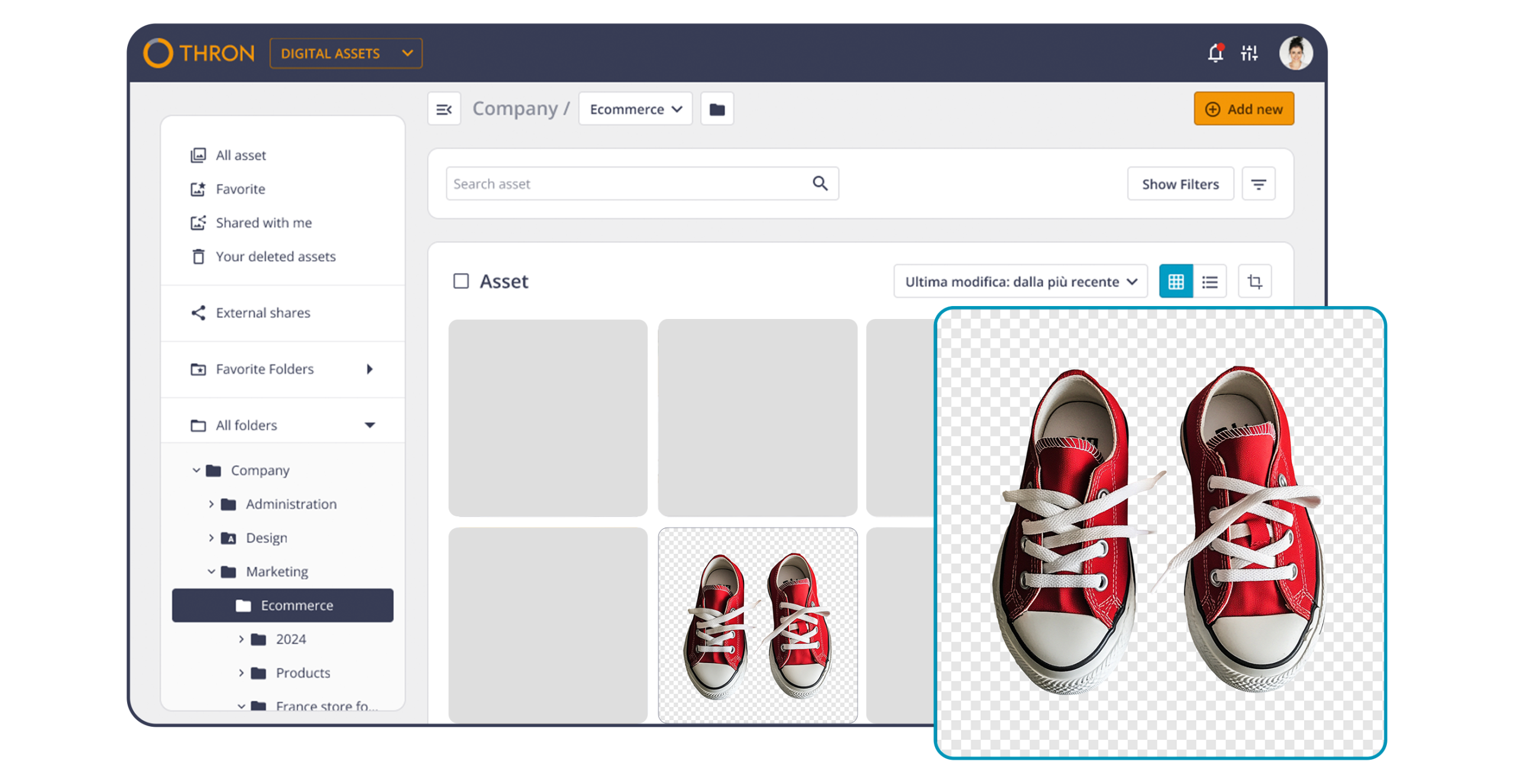 Interfaccia della schermata "digital assets" in cui viene mostrato l'effetto di trasparenza sottostante un paio di scarpe rosse, utilizzando un pattern a quadrati alternati bianchi e grigi.