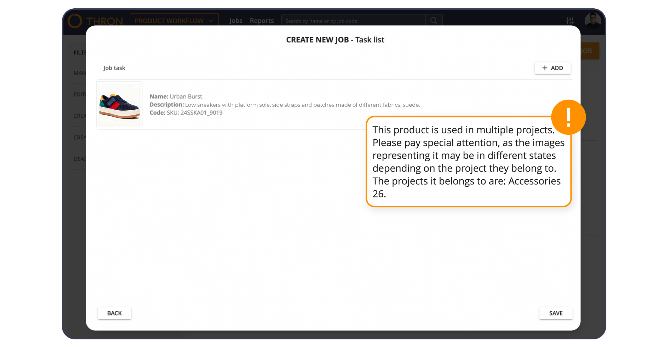 Interface of the "create new job" section where the warning appears that the selected product is used in multiple other projects.
