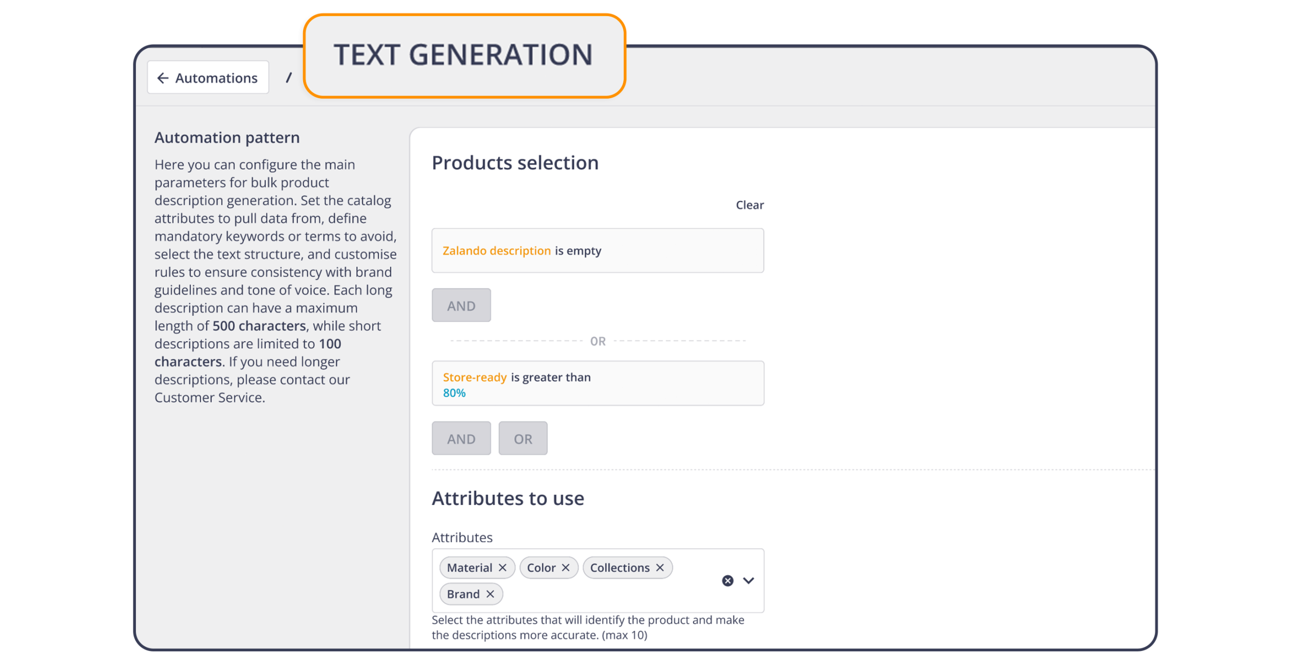 Interface of the "Text generation" automation, which shows the "products selection" and the attributes that you want to select.
