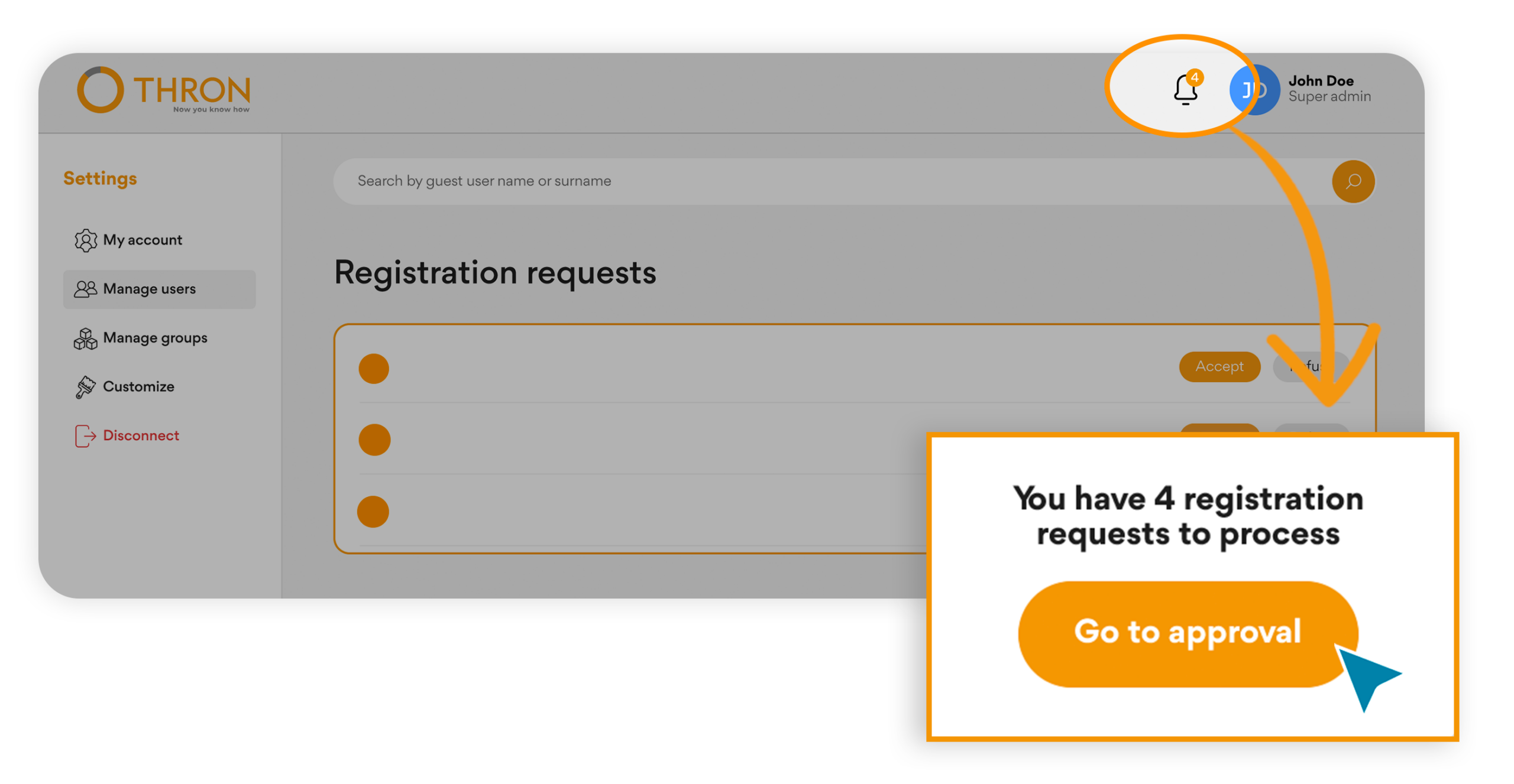 THRON panel with registration request notifications, guiding the admin to the user approval section.