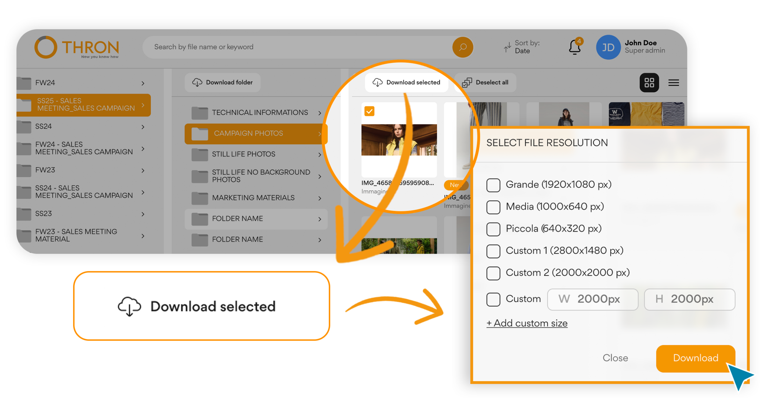 THRON interface for downloading selected assets, with guided file resolution choice before downloading.