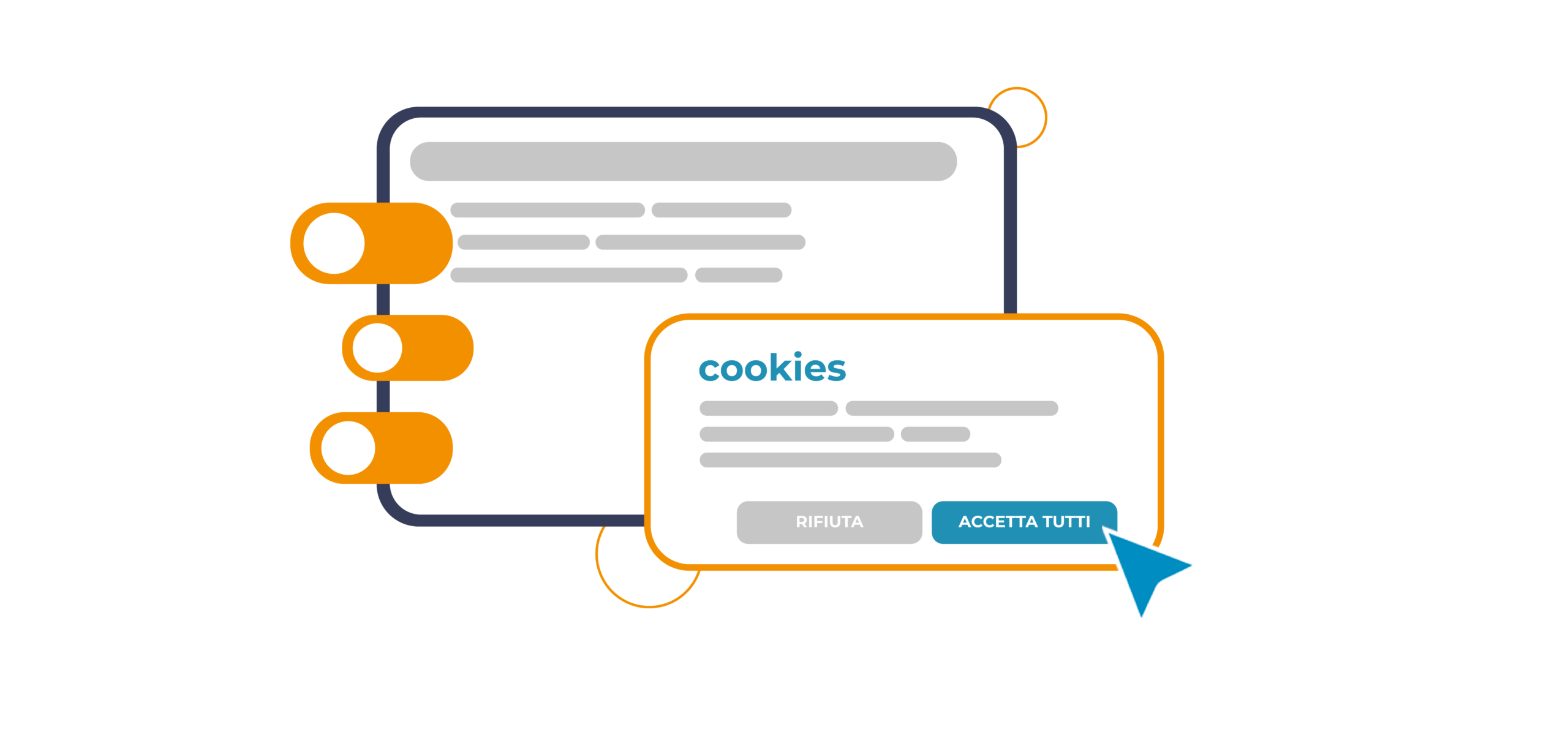 Interfaccia web con banner di consenso cookie, pulsanti di accettazione o rifiuto e opzioni di gestione.