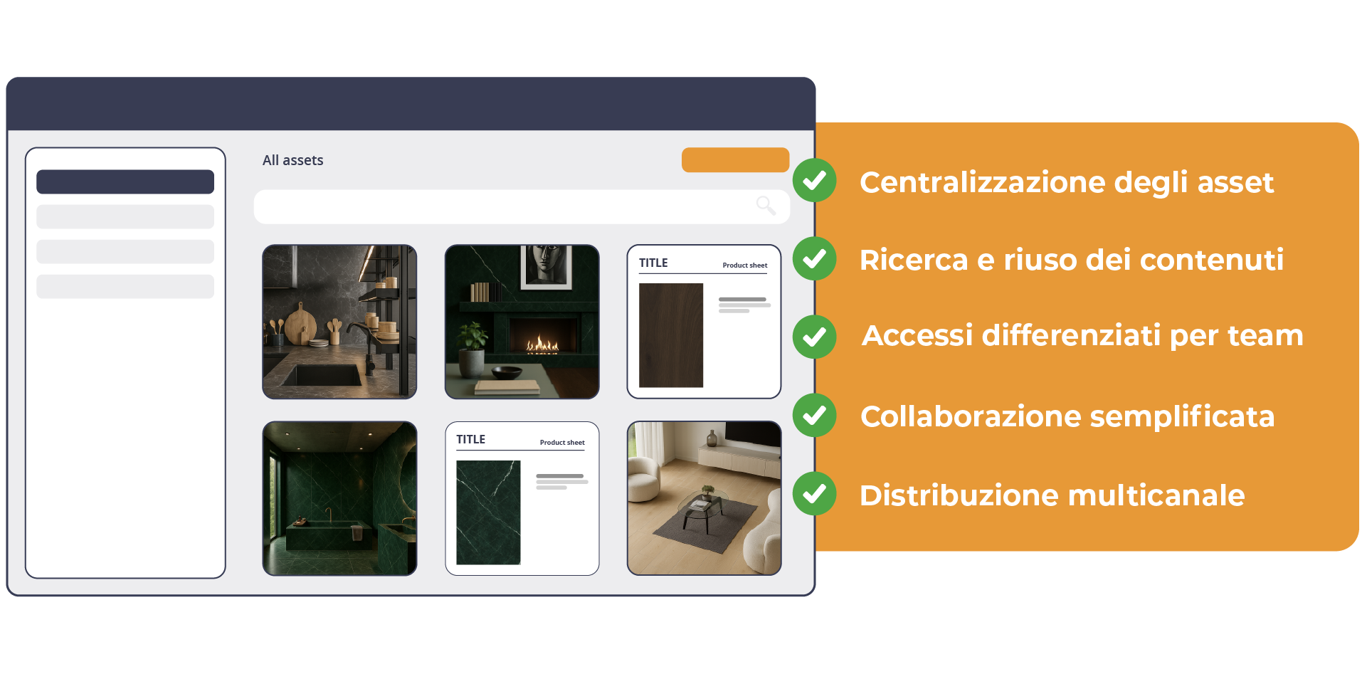 Dashboard DAM con anteprime di immagini e schede prodotto, accanto ai vantaggi di centralizzazione e distribuzione multicanale.