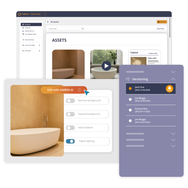 Libreria asset THRON con modifica immagine vasca tramite AMBRA AI e gestione versioni con storico download.