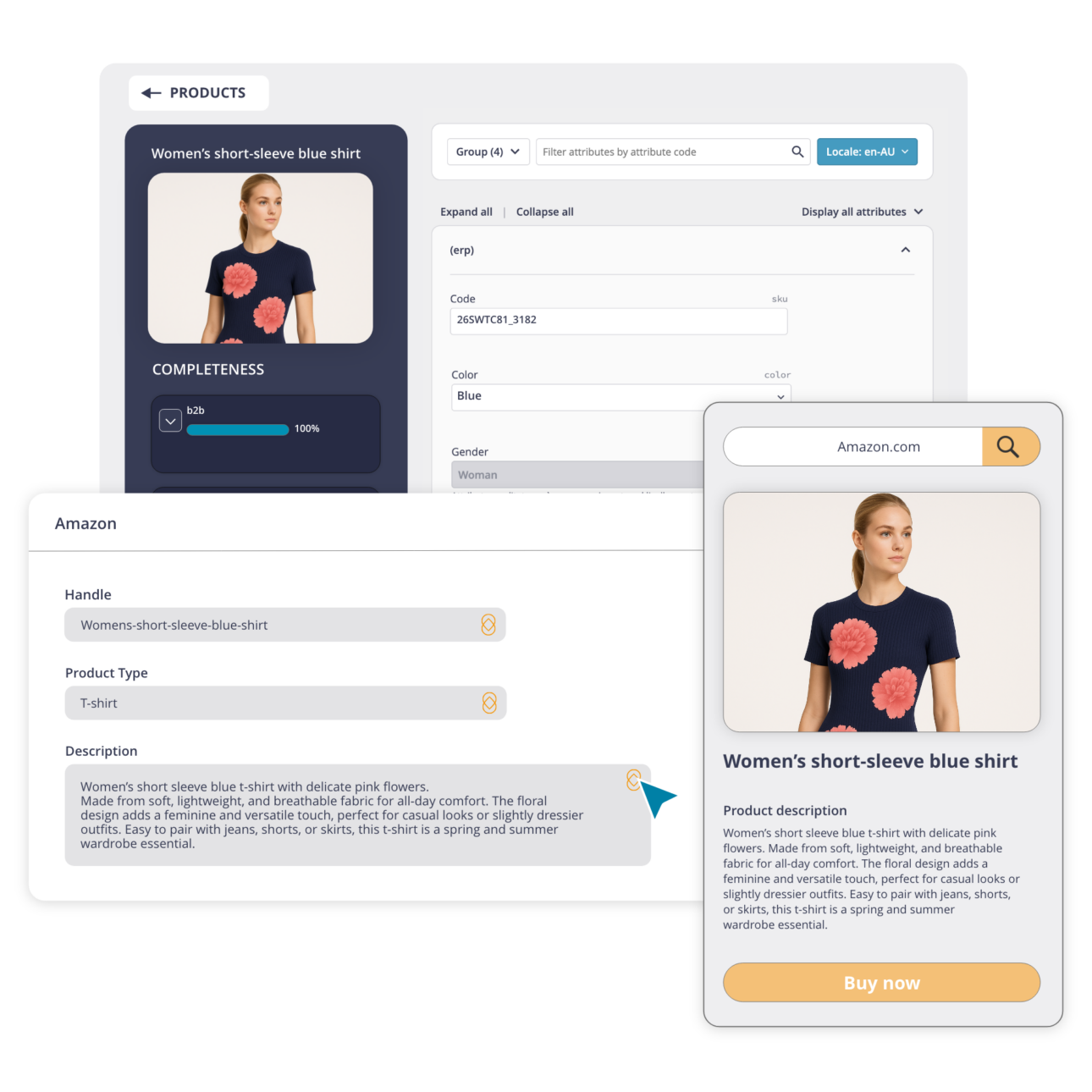 THRON product sheet synchronized with Amazon, with description and preview of a blue women's t-shirt ready for online sale.