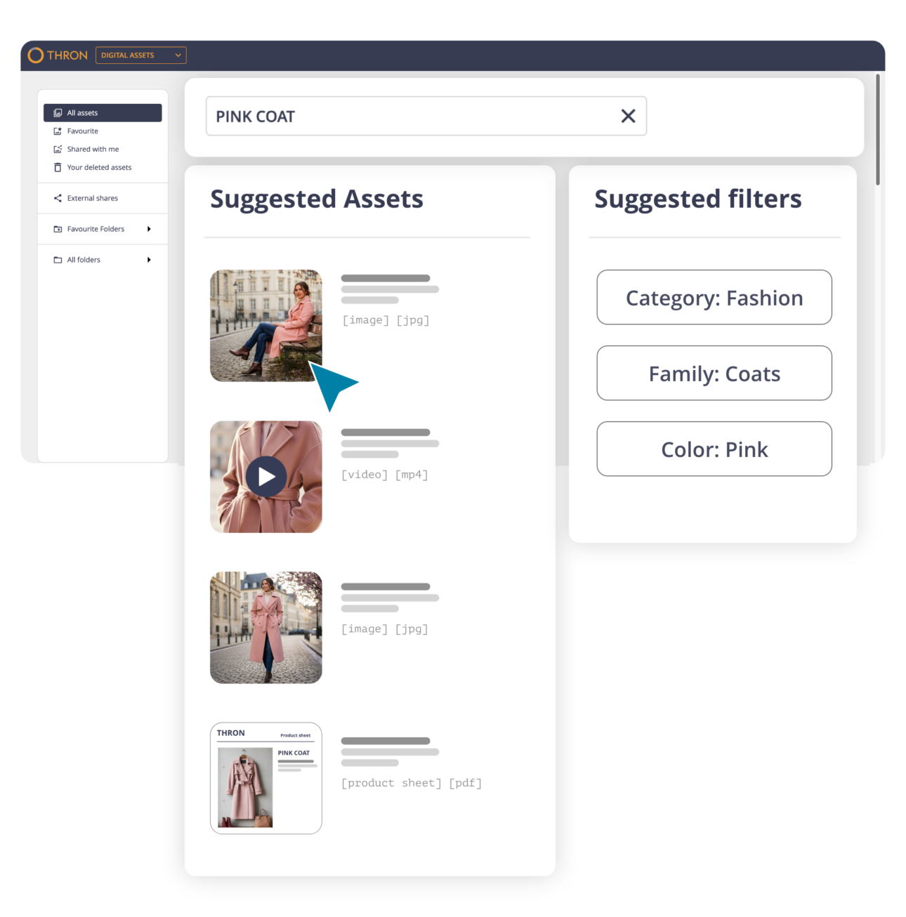 Ricerca “Pink Coat” in THRON con asset suggeriti e filtri automatici per categoria moda, famiglia cappotti e colore rosa.