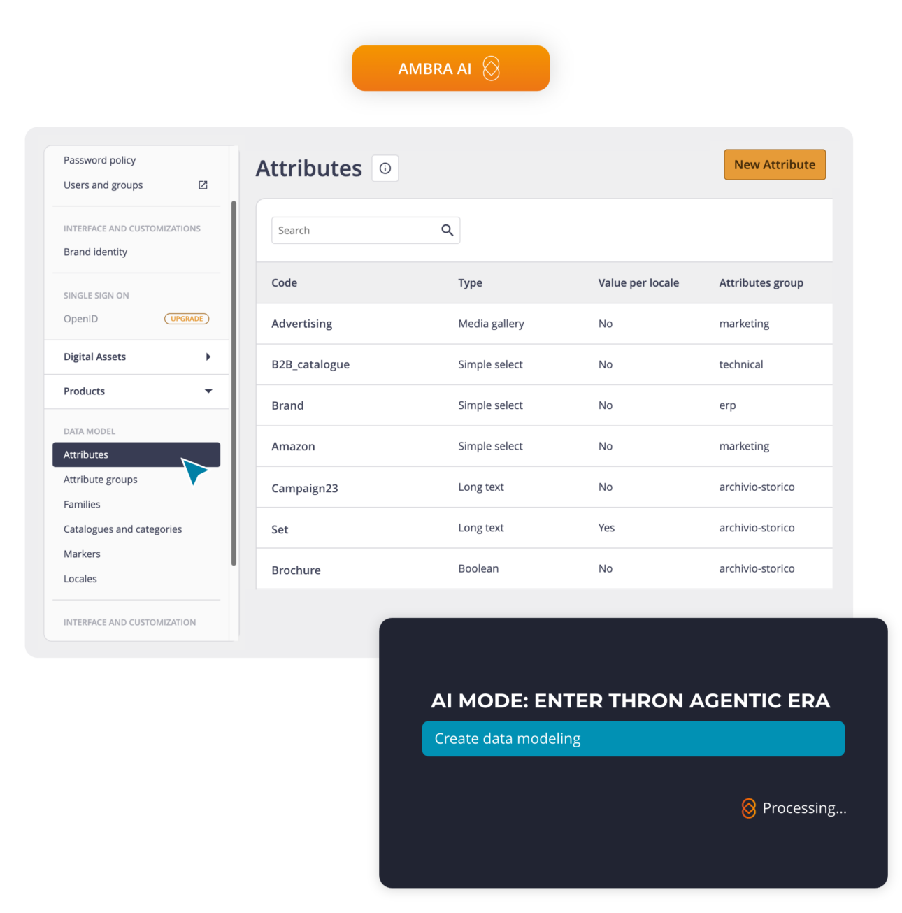 THRON Attributes section with AMBRA AI creating data modeling in AI mode for advanced product management.