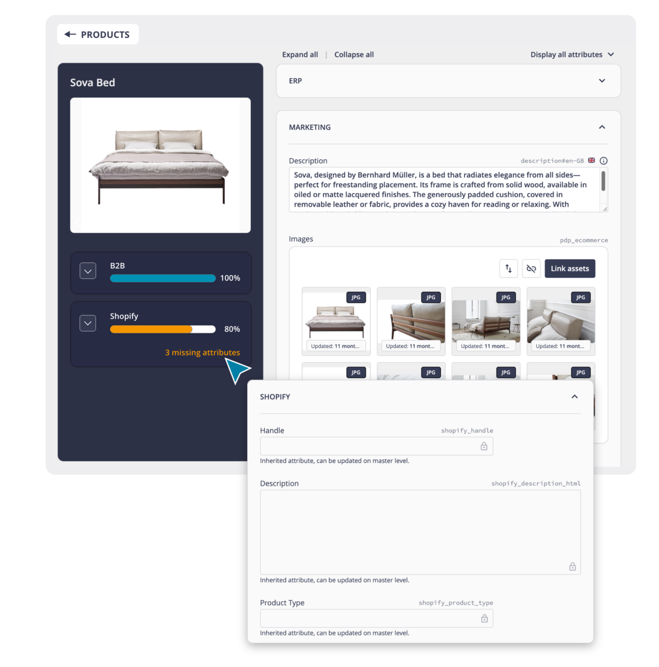 Sova Bed product sheet in THRON with B2B and Shopify progress, linked images, and marketing attributes to complete.