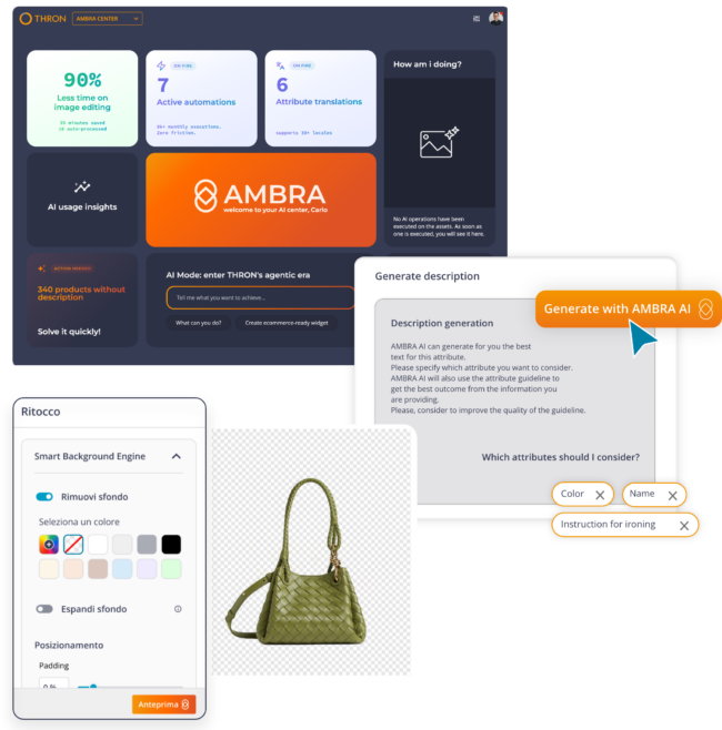 Interfaccia AMBRA Center con KPI su automazioni e traduzioni, generazione descrizioni con AMBRA AI e modulo di ritocco per rimozione sfondo della borsa.