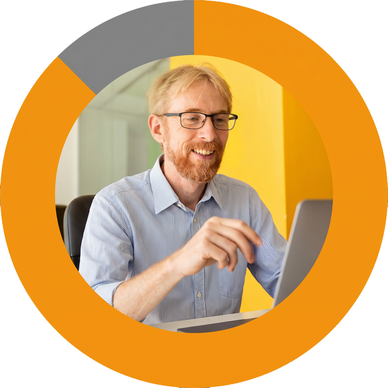 Red-bearded man with glasses smiles while working on a laptop in an office, framed by THRON's circular logo.