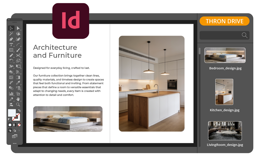 InDesign integrato con THRON DRIVE mostra il progetto Architecture and Furniture con asset di design per camera, cucina e living.