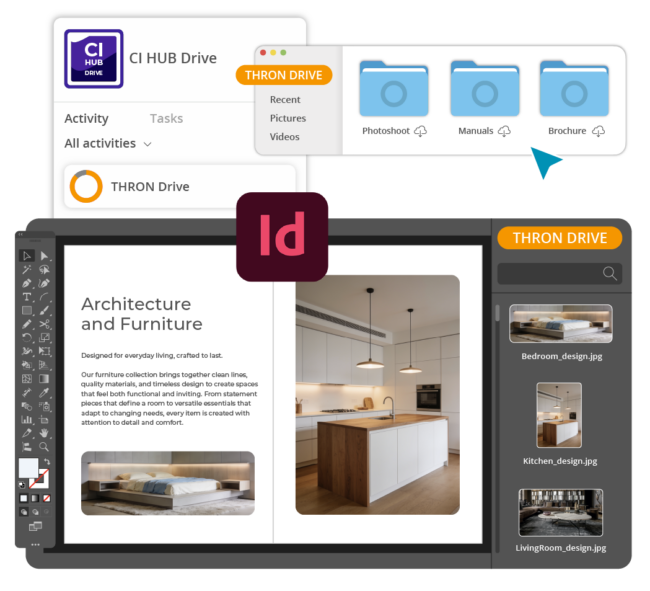 Integrazione tra Adobe InDesign e THRON Drive tramite CI HUB, con accesso diretto agli asset di prodotto dal pannello laterale.