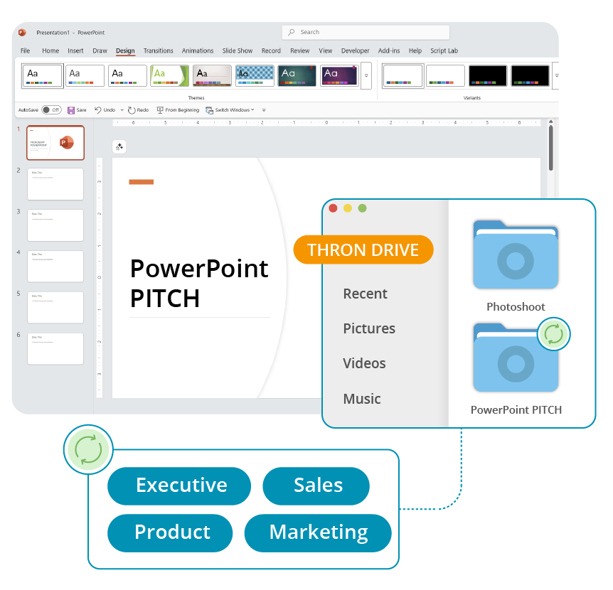 PowerPoint pitch integrato con THRON DRIVE per distribuzione asset a Executive, Sales, Product e Marketing team.