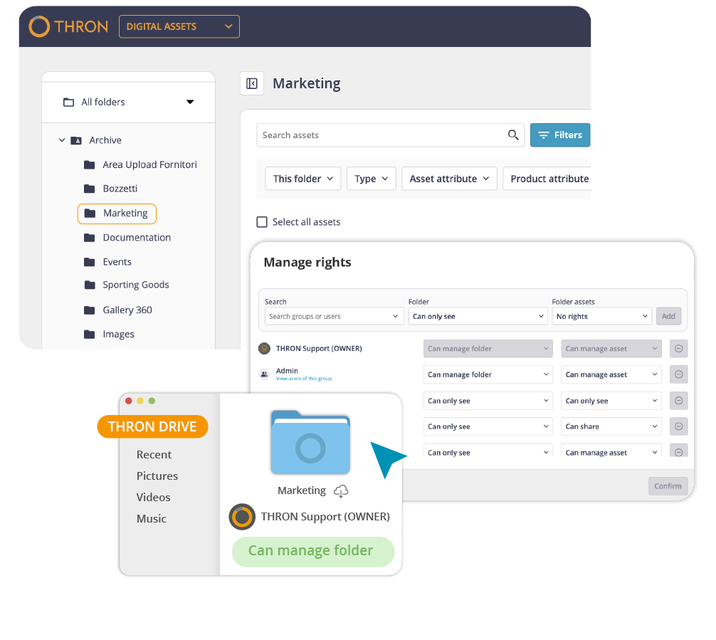 Interfaccia Thron con gestione cartelle Marketing, controllo accessi e permessi di condivisione asset digitali.