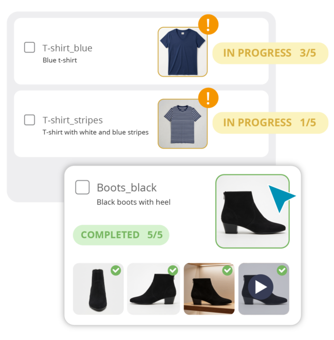 Lista prodotti in THRON con stato avanzamento asset per t-shirt e stivali: in progress e completed con conteggio file caricati.