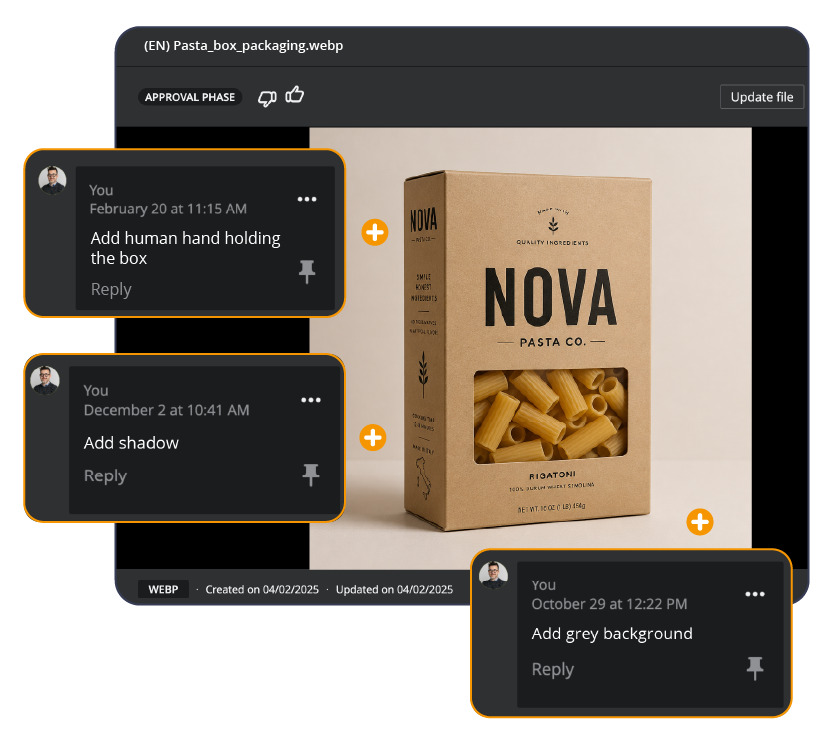 Fase di approvazione in THRON con commenti contestuali su un asset packaging di pasta durante la revisione del file.