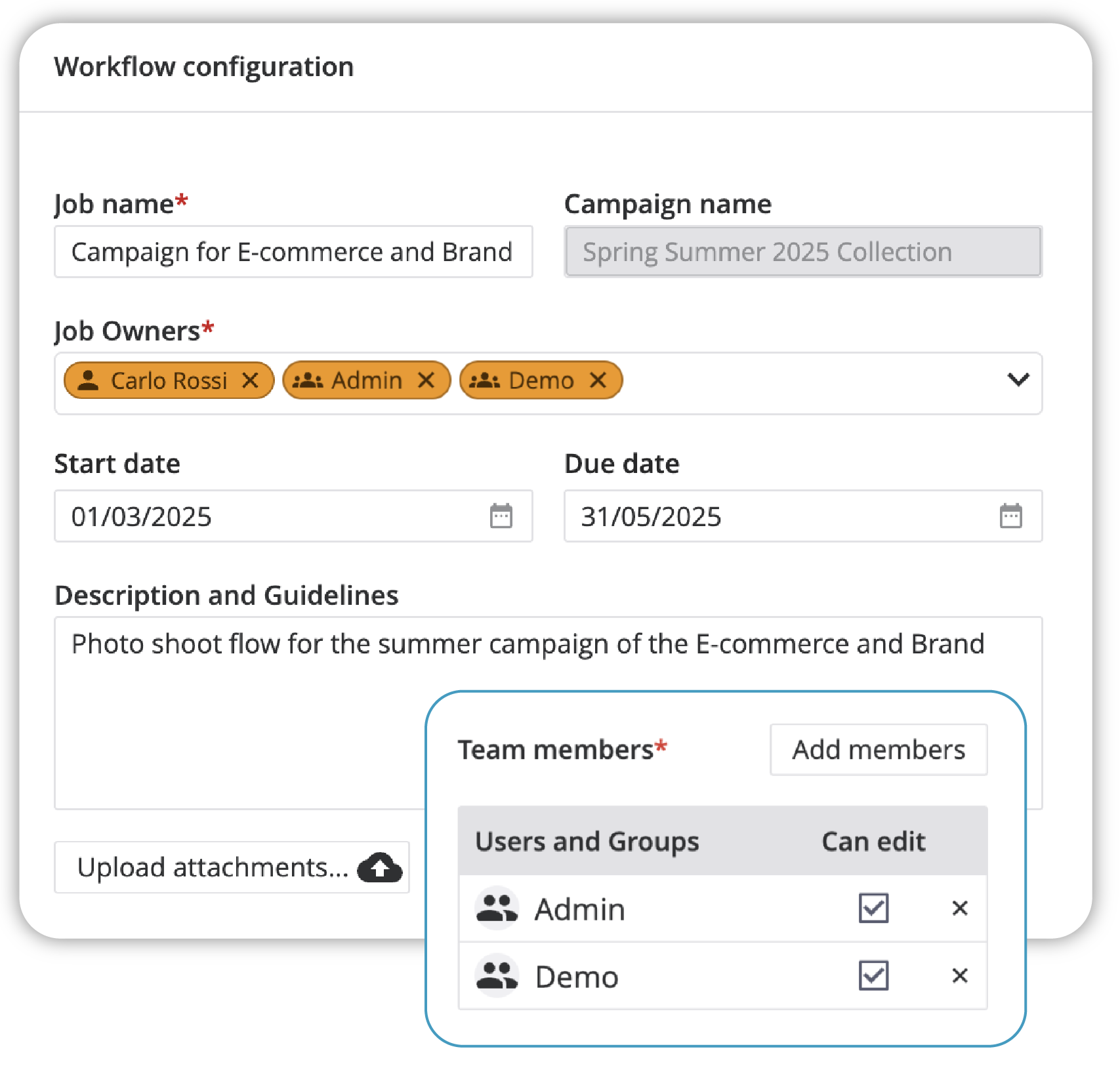 Schermata di configurazione workflow in THRON con campi per job name, date, owner e permessi dei membri del team.