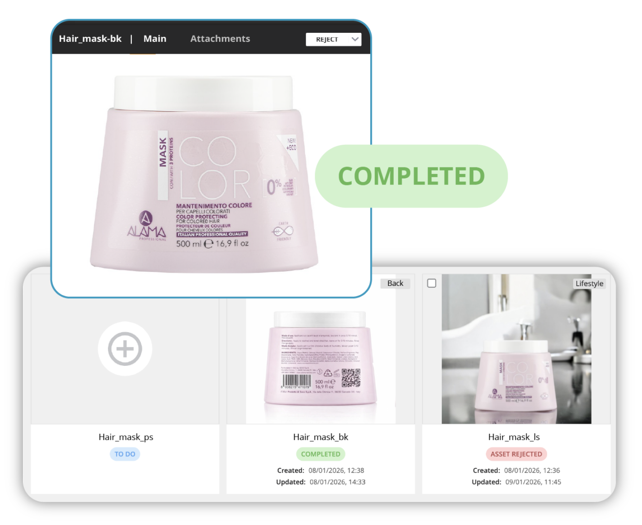 Gestione asset in THRON per una maschera capelli Alama Professional con stati di approvazione: completed, to do e asset rejected.