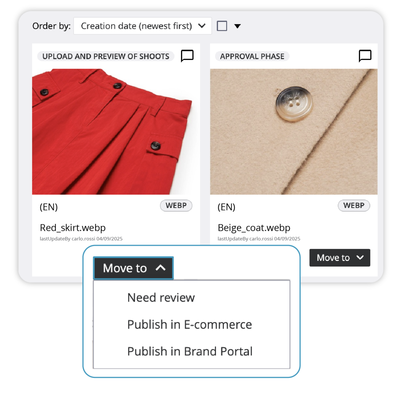 Vista asset in THRON con opzioni di pubblicazione su e-commerce o Brand Portal tramite menu "Move to".
