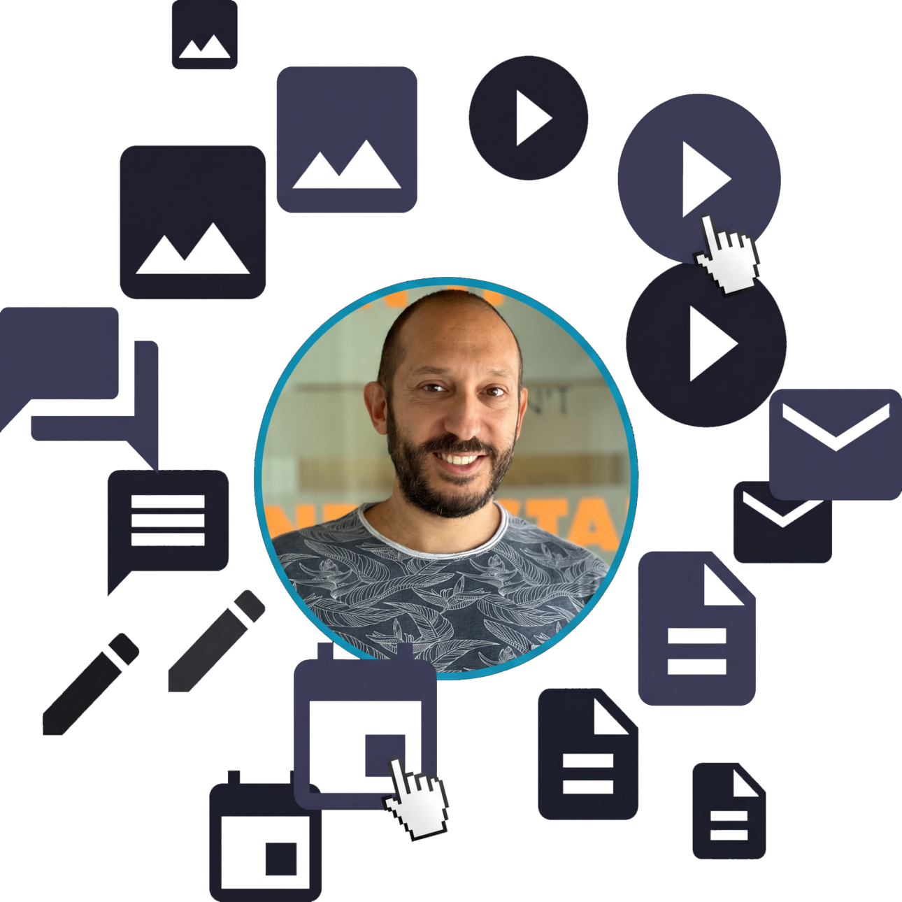 Content management interface with a user profile at the center, surrounded by icons representing media formats such as images, videos, files, and messages.