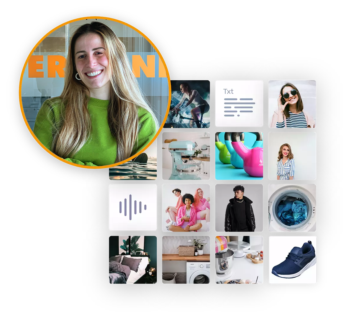 Digital library management interface with a user profile surrounded by a grid of asset previews, including images, text, and graphics.