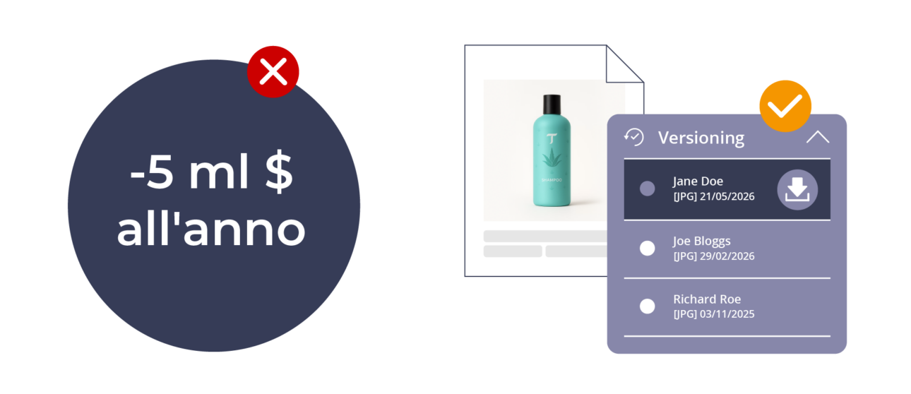 Grafica con dato "5 mln di dollari all'anno persi" e mockup di versioning asset: tre versioni JPG di uno shampoo salvate da utenti diversi con date diverse.