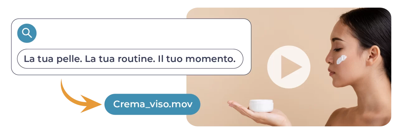 Ricerca DAM per descrizione narrativa di prodotto cosmetico restituisce video clip denominato Crema_viso.mov mostrando applicazione di crema al viso.