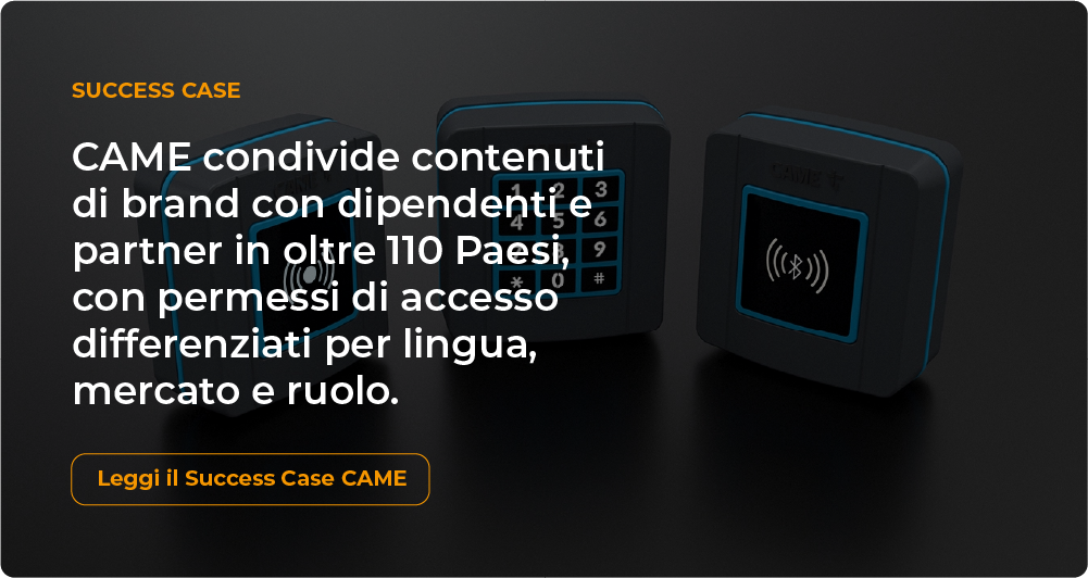 Banner del success case CAME con tre dispositivi di controllo accessi e testo sulla condivisione di contenuti brand con dipendenti e partner in oltre 110 Paesi.