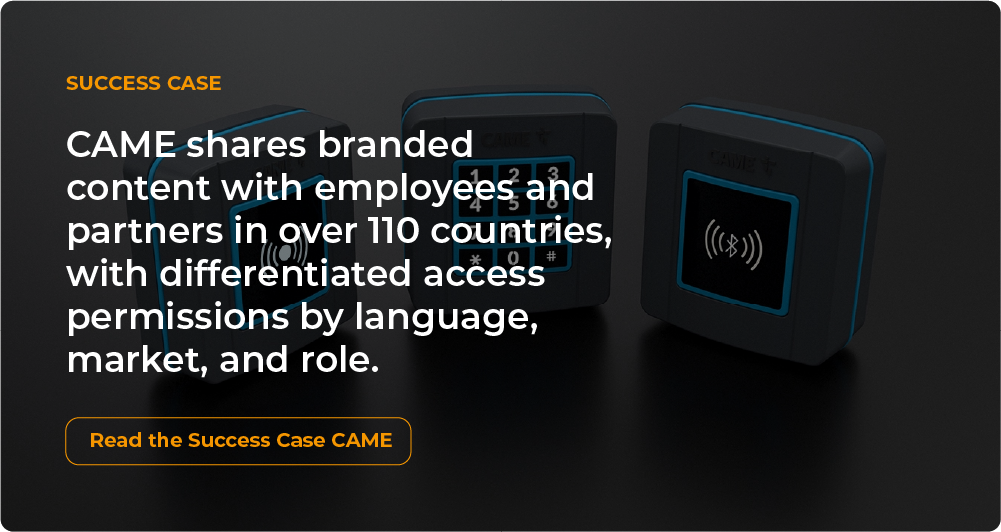 Banner for the CAME success case featuring three access control devices, with text on sharing brand content with employees and partners in over 110 countries.