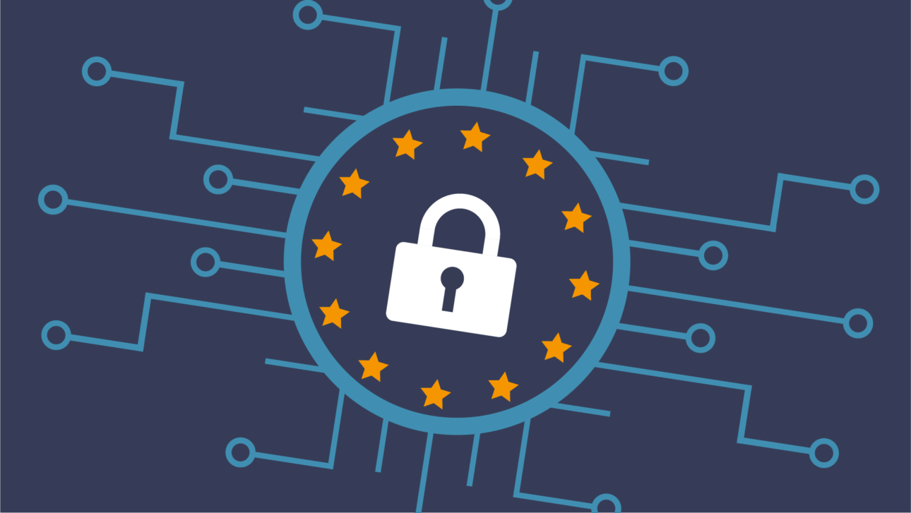 Icona di lucchetto circondato da stelle stile bandiera europea su sfondo di circuiti digitali, a simboleggiare la sicurezza dei dati.